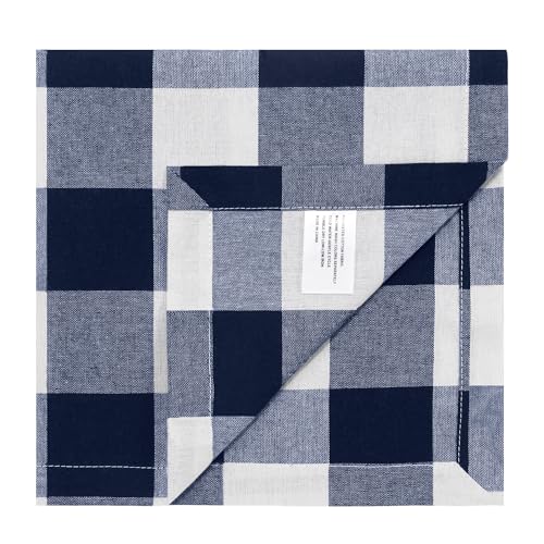 Image of Cotton Blend Buffalo Plaid Table Napkins (Set of 4), 20 x 20 Inch Washable Dinner Napkins, Checks Cloth Napkins for Restaurant, Wedding, Holiday, Farmhouse, Navy and White