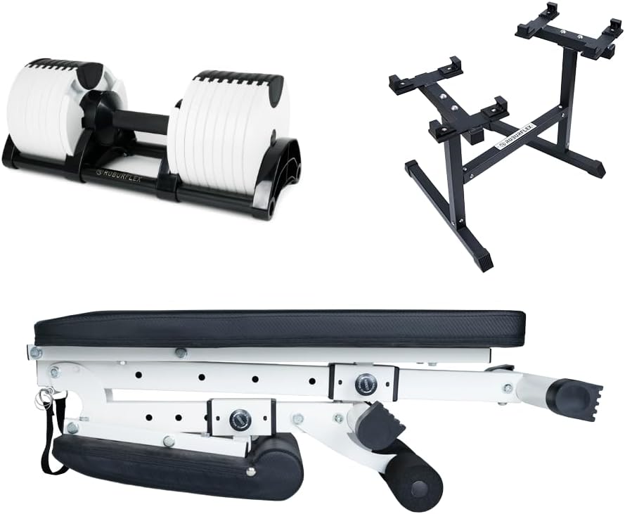 BUNDLE DEAL - Two Adjustable Dumbbells (80LB WHITE) + Dumbbell Stand + Adjustable Bench (4 items)