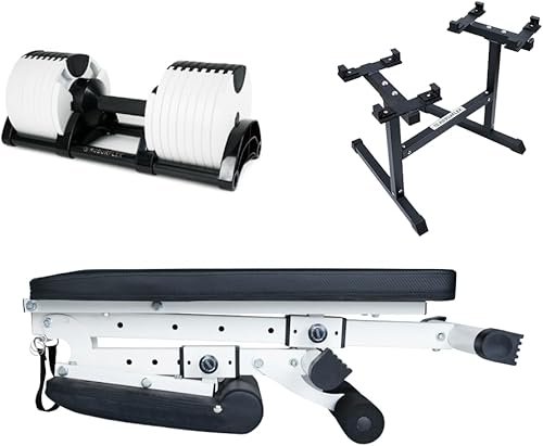 Oferta en paquete dos mancuernas ajustables (blanco de 80 libras) + soporte para mancuernas + banco ajustable (4 artículos)