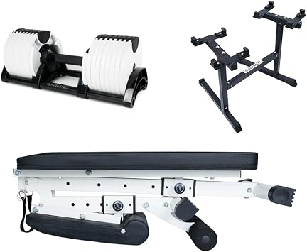 BUNDLE DEAL - Two Adjustable Dumbbells 80LB WHITE + Dumbbell Stand + Adjustable Bench 4 items