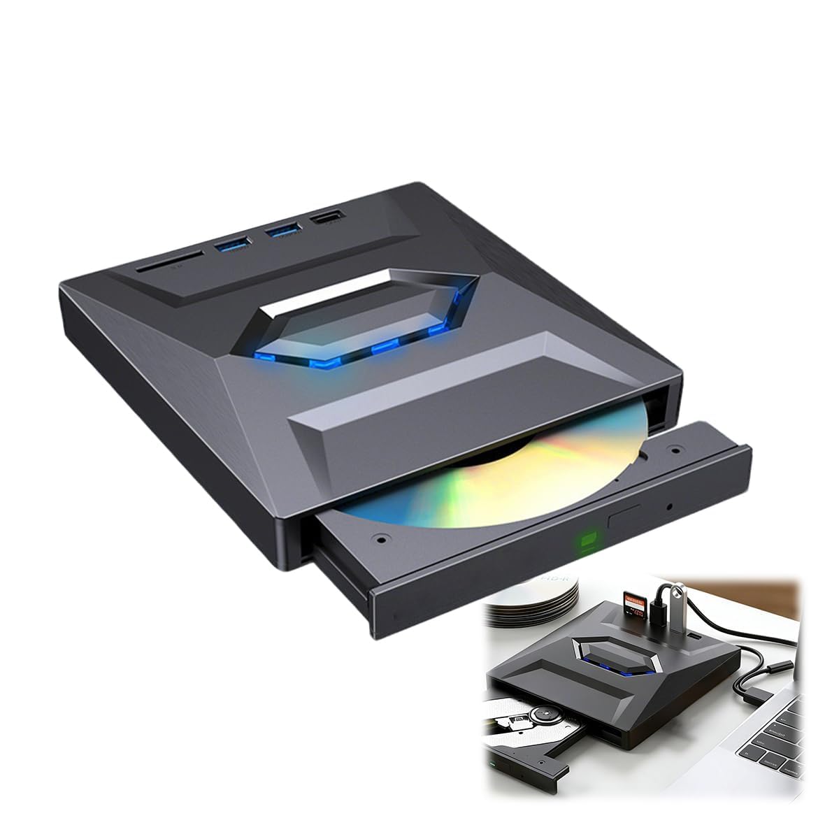 Externes Blu-ray Laufwerk USB 3.0 & Type-C, tragbares 6X BD/DVD/CD-Brenner, Writer Reader mit USB-Hub & SD/TF-Kartenleser, optisches Laufwerk für Laptop Desktop