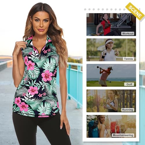 Image of Koscacy Women's Sleeveless Golf Tennis Polo Shirts Zip Up Dry Fit Workout Tank Tops Athletic Shirt