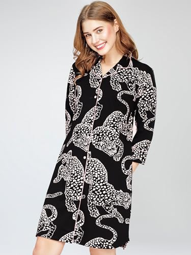Image of ZEYO Women's Cotton Night Dress Leopard Printed Knee Length Night Gown 5791
