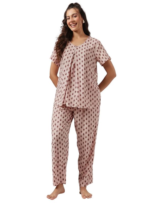 clovia Women's Rayon Feeding Floral Prin Top & Pyjama in Baby Pink-picture-31