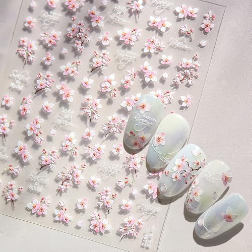 Rosa Flor de Cerezo Pegatinas de Uñas Flores Relief Cherry Blossom Petal Flower Nail Sticker Flores Pegatinas Uñas Primavera Verano Rama de Melocotón Sakura Flores Pegatinas de uñas Decoración de uñas