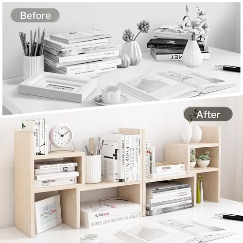 Image of Jerry & Maggie Desktop Organizer Office Storage Rack Adjustable Wood Display Shelf, White, 5 Units, 16 inchL x 15.8 inchH x 6.8 inchW