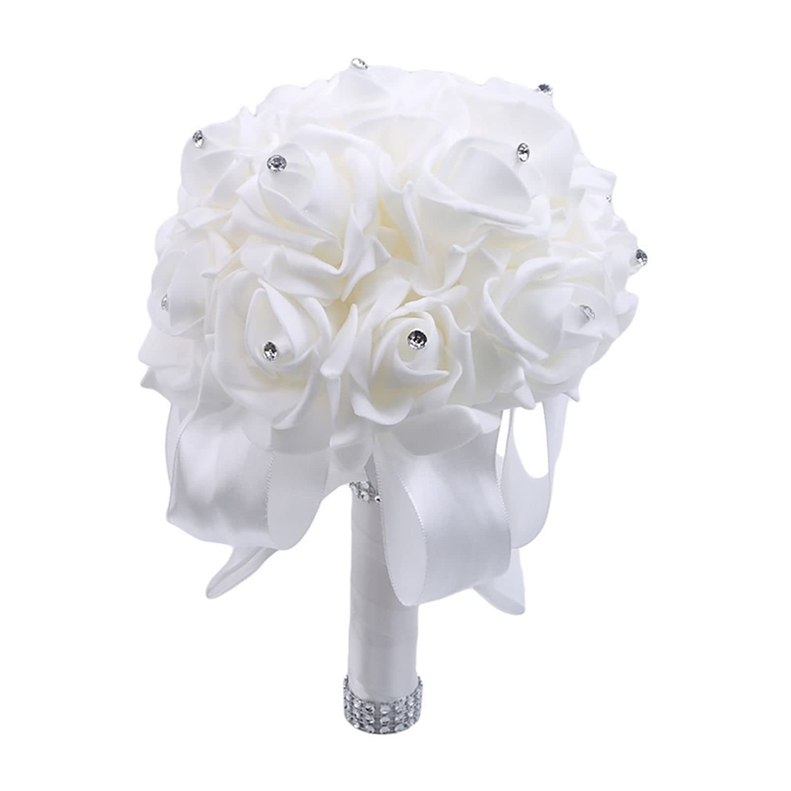 XDLEDMKIZ Bridal Wedding Bouquet, Artificial Flowers Wedding Bouquets Holding Flowers With Rhinestone, Foam Simulation Bouquet For DIY Party Engagement Romantic Decoration-whi
