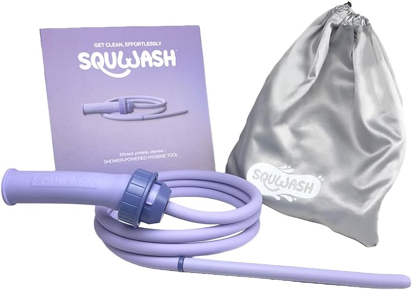 Squwash® Portable Shower Douche, Patented Slip-On Connector with Silicone Tip & Hose – Shower-Powered Hygiene Tool with Travel Bag