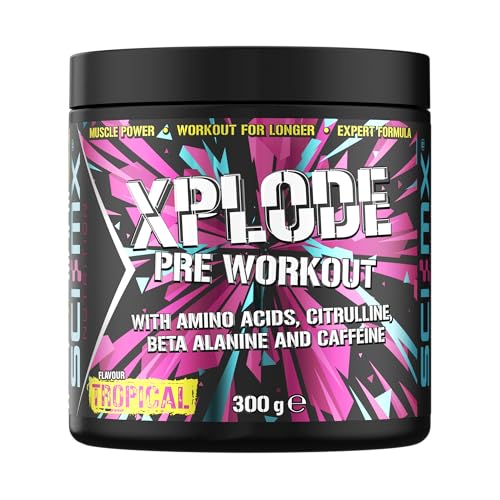 SCI-MX - X-PLODE Pre-Workout - 300g - Tropical Flavour - 250mg Caffeine, 6g Citrulline Malate, 3.2g Beta Alanine / serving - Suitable for Vegetarians + Vegans