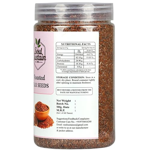 Image of SoulSustain Roasted Flax Seeds (420 GM) | Plant Protein & Fiber Snack | Omega 3 Nutrient Seeds | Gluten Free Vegan Snack for Smoothies, Baking, Salad Topping, Breakfast, Travel, Workout Energy