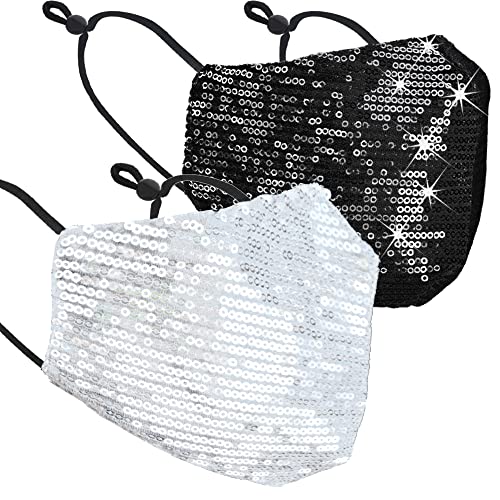 metaltree98 Women’s Lady’s Sequin Multi Color Fashion Bling Face Nose Mask With Adjustable Ear Loops Washable Reusable Breathable (2 mask Set Silver/Black)