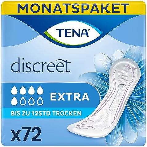 TENA Discreet Extra - 72 Einlagen im Monatspaket (6 x 12 Stück), einzeln verpackt - Hygieneeinlagen für Frauen - bei mittlerer Blasenschwäche und Inkontinenz