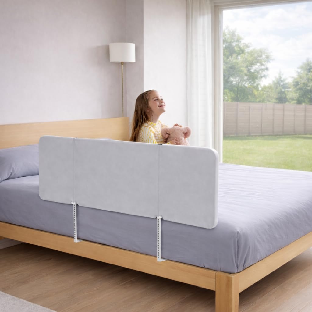 Barrera de cama 150 cm x 2, plegable, protección contra caídas, altura ajustable, rejilla de protección para cama, fácil montaje sin herramientas, portátil para viajes, gris