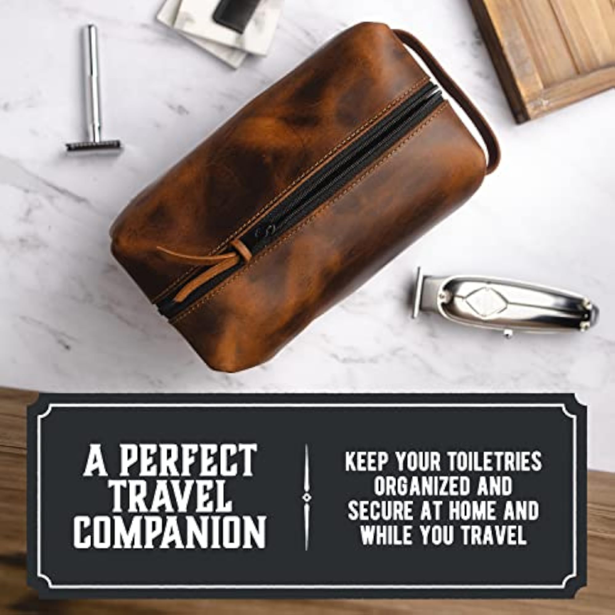 Premium Full Grain Leather Toiletry Bag, Made in USA