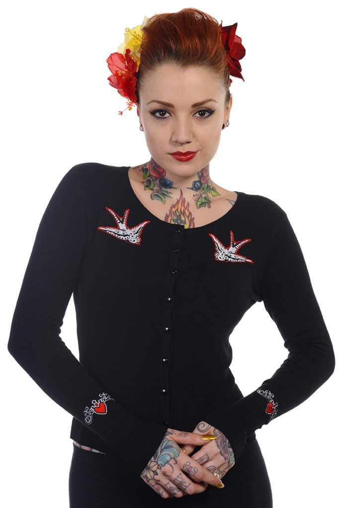 Ro Rox Women's Black & Red Banned Swallow Bird Rockabilly Retro Cardigan, Small
