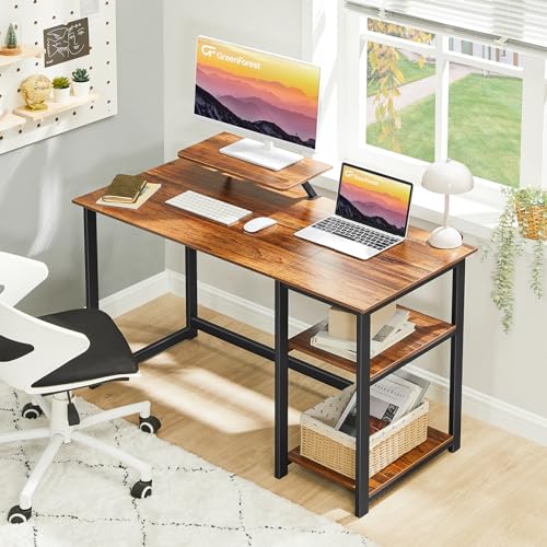Image of GreenForest Computer Desk with Monitor Stand,47 inch Home Office Desk with Reversible Storage Shelves Modern Writing Study Work Table,Easy Assembly,Walnut