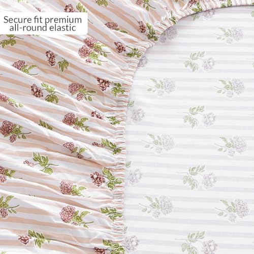 Image of HOMEMONDE Cotton Fitted Sheet Floral Printed Single Size Elastic Fitted Bedsheet with One Pillow Covers |186 TC | (72 X 36 Inches, Peach) | Perfect for Home Decor & Gifting