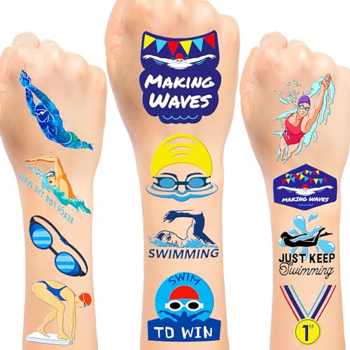 24 Blatt (144 Stück), temporäre Tattoos, Aufkleber, Schwimm-Team, Pool, Sport, Wellen, Partyzubehör, Geburtstagsdekorationen, Geschenke für Schwimmer, Kinder, Teenager, Jungen, Mädchen, 144 Stück