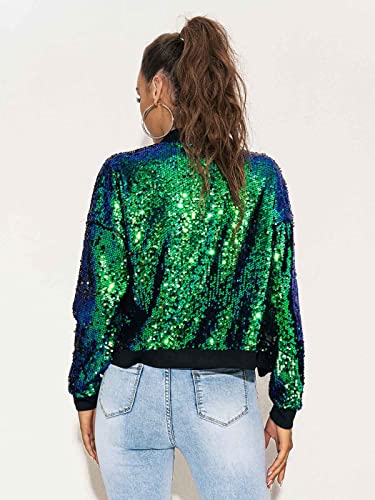 Evild Women’s Sequins Party Bomber Jackets Long Sleeve Glitter Jacket Zipper Up Collarless Sparky Bomber Blazers Green #TOP5