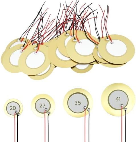 SATUY 32Pcs Piezo Disc Transducer, 4 Sizes 20mm, 27mm, 35mm, 41mm, Contact Microphone Pickups with Wires for Acoustic Guitar, Drum Triggers, Acoustic Instruments