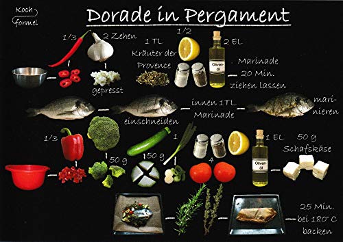 Kochformel Rezept-Postkarte Fischgerichte: Dorade in Pergament