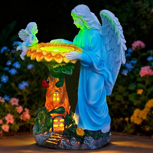 Voveexy Solar Garden Statue Angel Outdoor Decor with Color Changing Light Garden Figurine Sunflower Outdoor Statue Waterproof Sculpture Lawn Ornament for Patio Backyard Christmas Birthday Present