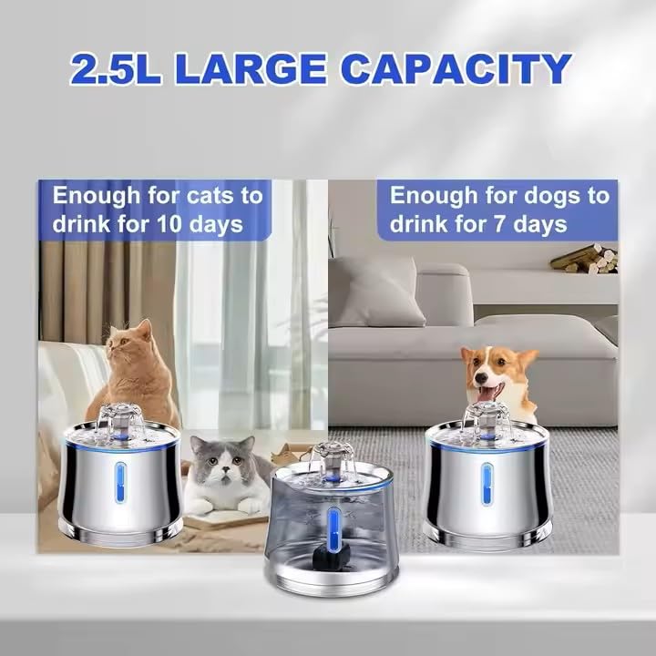 Cat Water Fountain 84oz/2.5L Stainless Steel, Automatic Dog Water Dispenser, Ultra-Quiet Pump, Water Level Window, BPA-Free, Advanced Filtration with 2 Filters for Cats, Dogs & Multiple Pets. - image 4