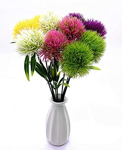 Cattree Artificial Dandelion Flowers 5 Color X 2Pcs Purple Pink White Green Yellow - Total 10 Pcs. Plastic Plants Shrubs Bushes Fake Grass Wedding Indoor Outdoor Home Garden Decoration Planter Filler #TOP3