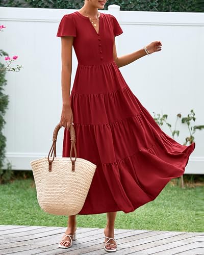 Image of PRETTYGARDEN Women Summer Midi Dresses 2025 Casual Short Sleeve V Neck Belted Tiered Ruffle Vacation Dress with Pockets