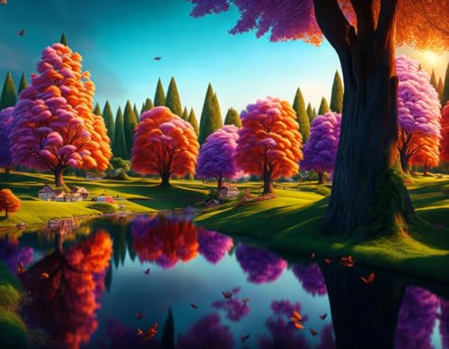 Toile murale village sur arbres sans cadre pour salon