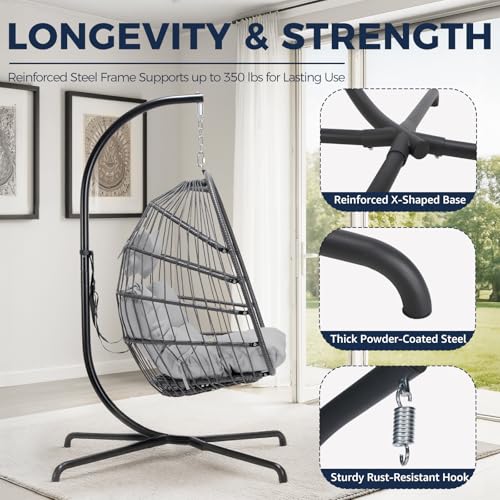 NICESOUL Swing Egg Chair Outdoor Indoor, Patio Wicker Hanging Egg Chairs with Stand, Swinging Hammock with Padded Cushions, 350lbs Sturdy Egg-Shaped Seating for Porch Bedroom Balcony Xmas Gift, Grey - Thumbnail 6