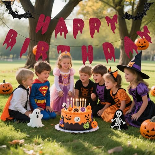 Image of Halloween Happy Birthday Banner - Red Glitter Bloody Paper Garland Spooky Birthday Decorations for Halloween Vampire Bat Theme Party Supplies