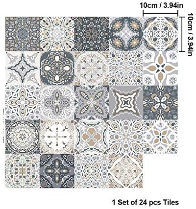 EUNEWR 24pcs Light Grey Moroccan Wall Tile Stickers Set Self Adhesive Waterproof Mosaic Tile Stickers Mosaic for Bedrooms Kitchen Bathroom Home Decors (10x10cm/3.9x3.9)