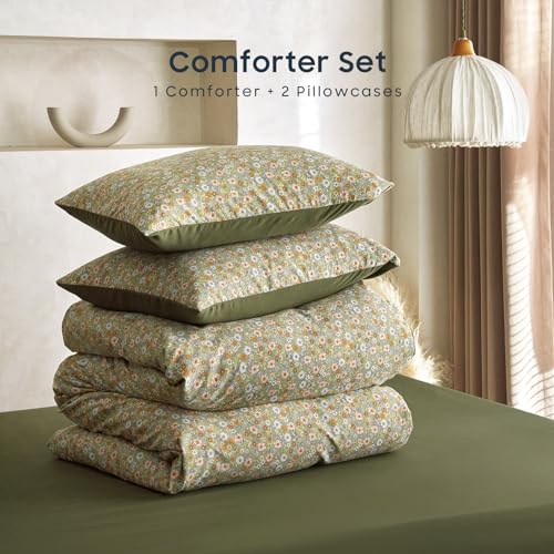 Image of Wake In Cloud - Floral Comforter Set, Cute Vintage Flower Cottagecore Aesthetic for Women Teen Girls, Soft Lightweight Dorm Bedding, 3 Pieces, Olive Green, Queen Size