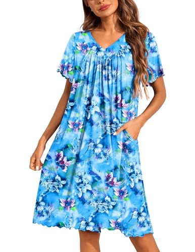 Image of Ekouaer Nightgowns for Women Short Sleeve House Dress with Pockets Pleated Soft Moomoo V Neck Sleepwear