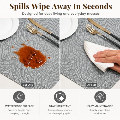 Image of YELONA Placemats and Table Runner Set - Heat Resistant, Non-Slip & Washable PVC Vinyl Dining Table Mats - Anchor Grey (4 Placemats: 45x30 cm, 1 Runner: 180x30 cm)