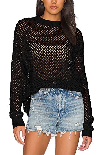 Ebifin Womens Crochet Tops Long Sleeve Beach Summer Sweater Crew Neck Mesh Cover Ups Bikini Swimsuit Tunic Pullover Tops
