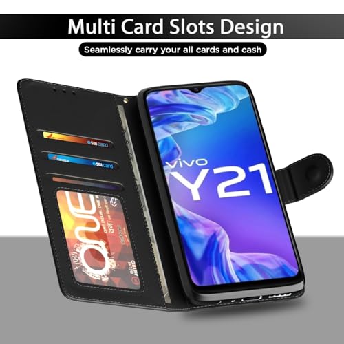 Image of Black Leather Finish Protection Flip Case Cover for Vivo Y33T / Y33S | Y21 / Y21A / Y21S / Y21e / Y21G | Magnetic Closure, Stand Feature, Card Slots - Light Weight Design (Black)