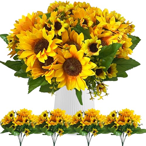 4Bundles Artificial Sunflower Flowers,Fake Silk SunFlowers 52 Realistic Silk Sunflowers Heads,artificial sunflower plants for autumn flowers decoration wedding garden aesthetic (13 heads/bundle)