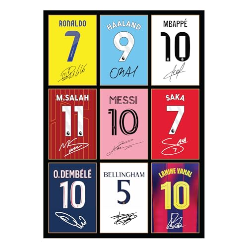 Icons Wall Art Photo dédicacée et signée de Bellingham Messi Ronaldo Mbappe Lamine Yamal Salah Dembele Saka A4 - Cadeau pour les fans de football -...