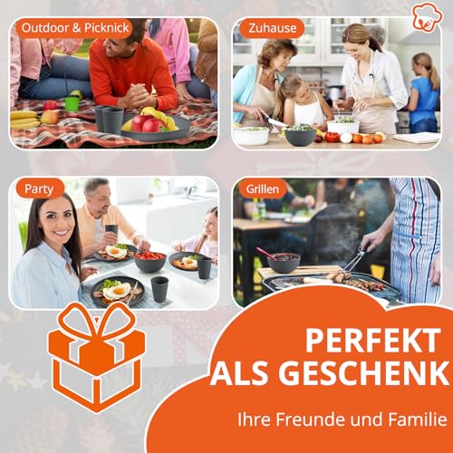 FUNYKICH 12 Teiliges Küchengeschirr Set für 4 Personen, Leicht und einfach zu stapeln, Unzerbrechliches Geschirr Set,mit 4 Teller, 4 Müslischalen und 4 Trinkbecher für Picknick, Camping (Dunkelgrau)