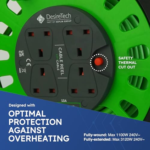 Desiretech - 4 Socket Extension Lead - 18m Portable Cable Reel, Thermal Cut Out, Ergonomic Handle, Green/Black - Heavy Duty Extension Cord for Indoor Use (18 Metre) - 4