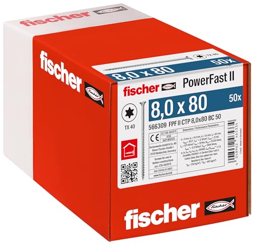 Fischer Viti per Legno e Costruzioni PowerFast FPF II CTP 8,0x80, Filettatura Parziale, Testa Svasata Piana, Impronta Torx, Zincata Bianca, 50 Pz, 566309