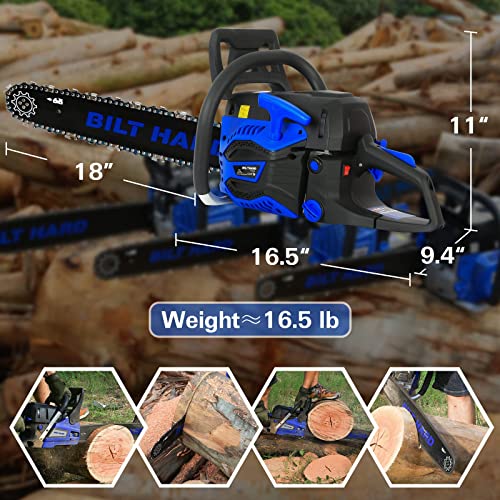 Bilt Hard Chainsaw Gas 18 Inch, 2-Cycle Gas Powered Chain Saw Cordless Handheld 2.7Hp 52Cc, Automatic Chain Oiler, Garden Tool For Cutting Wood Trees #TOP2