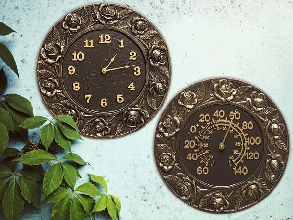 BestNest Whitehall Rose Clock & Thermometer Set, French Bronze Aluminum Wall Decor, 12 Inch Analog Clock with Dial Thermometer, Raised Rose Design for Indoor or Outdoor Use