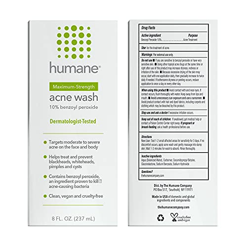 Humane Maximum-Strength Acne Wash - 10% Benzoyl Peroxide Acne Treatment For Face, Skin, Butt, Back And Body - 8 Fl Oz - Dermatologist-Tested Non-Foaming Cleanser - Vegan, Cruelty-Free #TOP1