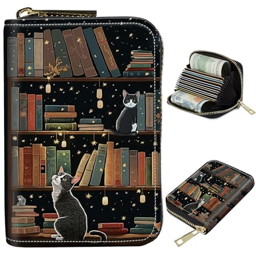 Image of Cute Credit Card Holder with Zipper, Cat Library RFID-Blocking Card Case Small Wallet for Women Men, Multi-slot Card Organizer Case Travel Accordion Wallet