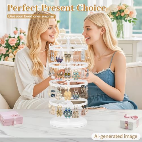 Image of MODOWEY 4 Tiers Metal Rotating Earring Holder Organizer Stand Adjustable Display Tree, 176 Holes Large Carousel Rack for Stud Hoop Pierced Dangling Women, Idear View for All Earrings, White