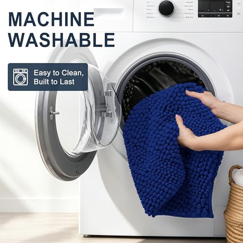 Image of Smiry Thick Chenille Large Bathroom Rugs 47x32, Extra Soft Absorbent Striped Bath Mat, Machine Washable, Rubber Backing, Bath Rugs for Bathroom, Tub & Shower, Home Decor Accessories, Navy