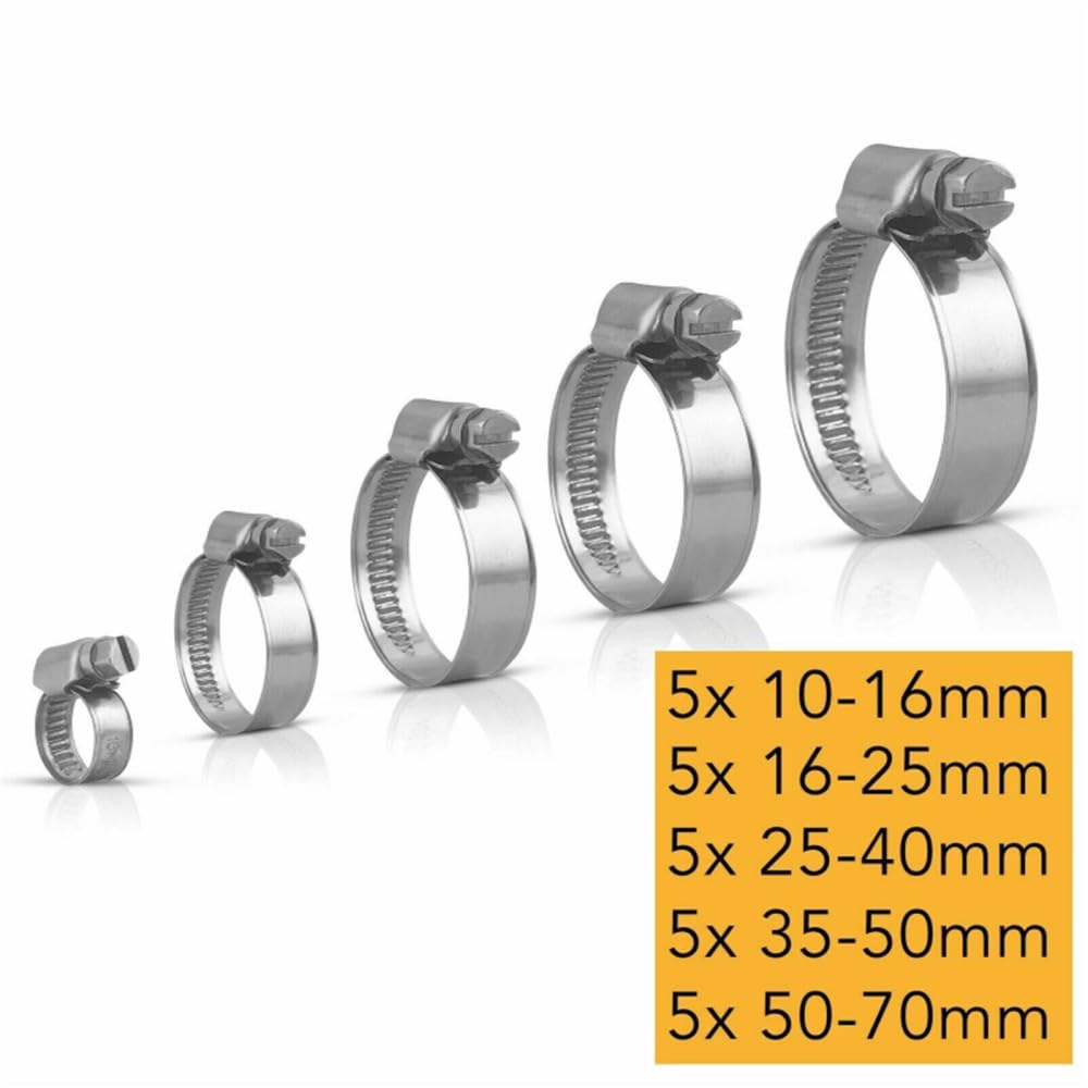 25 abrazaderas de tubo de acero inoxidable de 16 mm a 70 mm, abrazaderas de manguera cruzadas alemanas para manguera de aire, tubería de agua, manguera de combustible, 5 tamaños, 25 piezas